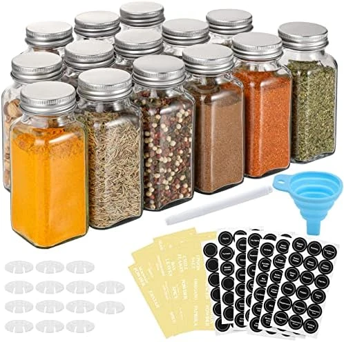 14 Pcs Glass Spice Jars With Spice Labels - 4oz Empty Square Spice Bottles - Shaker Lids And Airtight Metal Caps - Chalk Marker And Silicone Collapsible Funnel Included 5 14 Pcs Glass Spice Jars With Spice Labels - 4oz Empty Square Spice Bottles - Shaker Lids And Airtight Metal Caps - Chalk Marker And Silicone Collapsible Funnel Included - Image 5