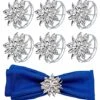 Rhinestone Napkin Rings Silver Set Of 6, Cute Elegant Crystal Bling Flower Napkin Rings Wraps Serviette Buckles Holder Bands For Wedding Birthday Easter Thanksgiving Christmas Dinner Holiday