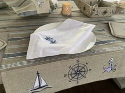 Nautical Placemats – Set Of 4 –– Cotton Decorative Embroidered Design - Natural, Navy Blue And White (Boat, Compass, Anchor)
