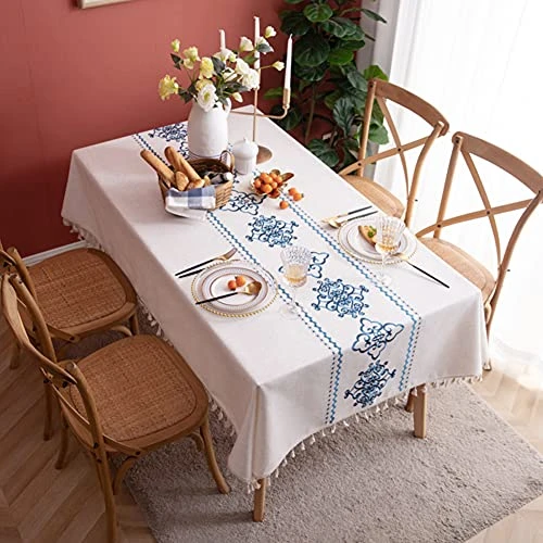 Table Cloth Embroidery Damask Pattern Wrinkle Free Heavy Weight Cotton Linen Farmhouse Tablecloth Decorative Fabric Tassel Table Cover For Outdoor And Indoor Use (Rectangle,55 X 87 Inch) 2 Table Cloth Embroidery Damask Pattern Wrinkle Free Heavy Weight Cotton Linen Farmhouse Tablecloth Decorative Fabric Tassel Table Cover For Outdoor And Indoor Use (Rectangle,55 X 87 Inch) - Image 2