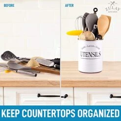 Large Utensil Crock Storage Organizer - Kitchen Utensil Holder For Countertop With Padded Base - Large Utensil Holder With Rustic Farmhouse Design For Home & Kitchen Decor (White) -Generic Furniture Shop 51yLLBvkvJL