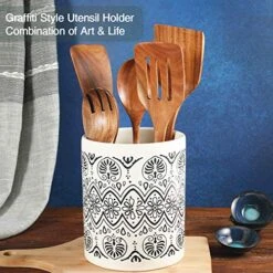 Kitchen Utensil Holder For Countertop, Large Ceramic Utensil Holder Farmhouse Utensil Crock For Kitchen & Dining Table, White Cooking Utensil Holder, Graffiti Style 002 -Generic Furniture Shop 51yOOIhg0QL