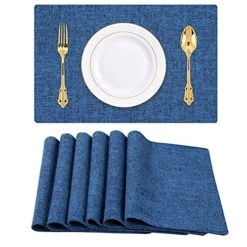 Cotton Linen Placemats For Dining Table Set Of 6, Heat Resistant Washable Table Mats, Easy To Clean Place Mats, 13" X 19", Blue
