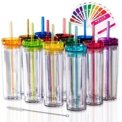 KINNY TUMBLERS 12 Colored Acrylic Tumblers With Lids And Straws | Skinny, 16oz Double Wall Clear Plastic Tumblers With FREE Straw Cleaner & Name Tags! Reusable Cup With Straw (Multicolors, 12)