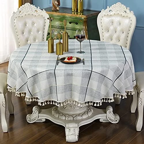 Round Grey Checkered Tablecloth Diameter 90 Inch Neutral Color Cotton Linen Table Cloth Heavy Weight Stitching Tassel Tablecloths For Dining Table Room Kitchen Picnic Outdoor 14 Round Grey Checkered Tablecloth Diameter 90 Inch Neutral Color Cotton Linen Table Cloth Heavy Weight Stitching Tassel Tablecloths For Dining Table Room Kitchen Picnic Outdoor - Image 14