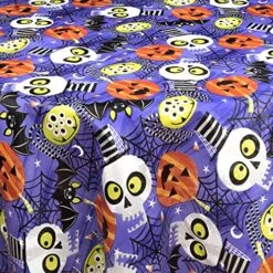 Ghoulish Gang Whimsical Halloween Vinyl Flannel Backed Tablecloth - Pumpkin, Bats, Skulls And Spiderweb Fun Halloween Tablecloth, Easy Care Wipe Clean, 70 In Round -Generic Furniture Shop 611YBA5NKIL