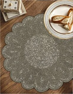 Beaded Placemat Set Of 2 - Scalloped Round Hand Beaded Charger Placemat - Gun Metal - 13 Inch Round - Hand Made By Skilled Artisans - A Beautiful Complement To Your Dinner Table Décor
