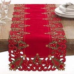 Pandora Collection Holiday Christmas Tree Tablecloth - 2 Colors (Red, 16"x68" Table Runner)