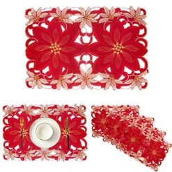 Christmas Holidays Placemats Set Of 6, Embroidered Table Place Mats For Home Kitchen Dining Table Linens Decoration (Poinsettia)