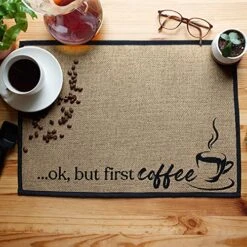 Coffee Bar Mat - Coffee Bar Accessories For Coffee Bar Decor - Coffee Decor For Coffee Station - Ok, But First Coffee Mat - Burlap Placemat With Fabric Backing - 20”x14” -Generic Furniture Shop 61D9RCm7J5S