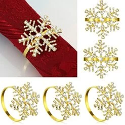 Snowflake Napkin Rings Set Xmas Snowflake Napkin Holders Rhinestone Napkin Rings Holder For Christmas Wedding Party Table Supplies Decor (Gold,6 Pieces)