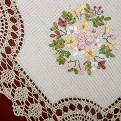 Small Handmade Crochet Cotton Lace Table Runner Dresser Scarf, Ribbon Embroidery (Rectangle 16 X 36 Inch)