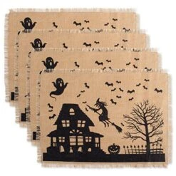 Halloween Primitive Style Burlap Tabletop Décor, Spooky Haunted House Jute, Placemat Set, 13x19, Black & Tan, 4 Count -Generic Furniture Shop 61FI470S82L