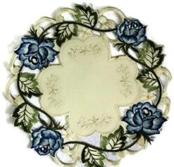 Place Mat Or Doily With A Victorian Blue Rose On Ivory Fabric, Size 15 Inches
