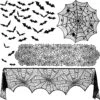 39 Pcs Halloween Decorations Include Black Lace Spiderweb Round Tablecloth, Fireplace Scarf, Rectangle Table Runner And 36 Bats Wall Stickers For Halloween Home Party Decor