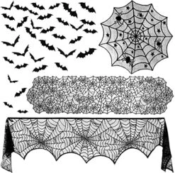 39 Pcs Halloween Decorations Include Black Lace Spiderweb Round Tablecloth, Fireplace Scarf, Rectangle Table Runner And 36 Bats Wall Stickers For Halloween Home Party Decor