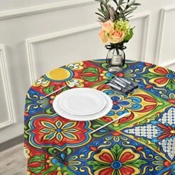 Mexican Talavera Round Tablecloth 60 Inch Waterproof Polyester Table Cover For Kitchen Dining Table, Buffet Parties And ​Camping