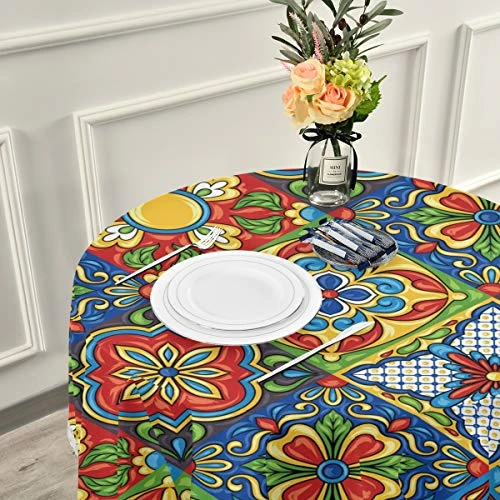 Mexican Talavera Round Tablecloth 60 Inch Waterproof Polyester Table Cover For Kitchen Dining Table, Buffet Parties And Camping 1 Mexican Talavera Round Tablecloth 60 Inch Waterproof Polyester Table Cover For Kitchen Dining Table, Buffet Parties And Camping