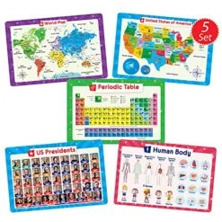 Magic 5 Placemats For Kids - Kids Placemats Non Slip, Washable Reusable Children Placemats, Educational Placemats: USA And World Maps, Periodic Table, US Presidents, Plastic Placemats For Kids