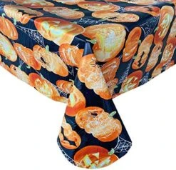 Glowing Jack O Lanterns Halloween Vinyl Flannel Backed Tablecloth - Scary Carved Pumpkins, Spiders And Webs Halloween Tablecloth, Easy Care Wipe Clean, 70 In Round -Generic Furniture Shop 61WjLw649L. AC