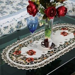 Oval Embroidery Rose Table Doily 15.7"x33.6" Handmade Flower Table Cover Beige Table Doilies Durable Washable Table Cloths For Coffee Table -Generic Furniture Shop 61XXWqP8 dL. AC