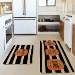 Artoid Mode Watercolor Stripes Pumpkin Decorative Kitchen Mats Set Of 2, Happy Halloween Spooky Trick Or Treat Boo Halloween Holiday Party Low-Profile Floor Mat For Home Kitchen - 17x29 And 17x47 Inch