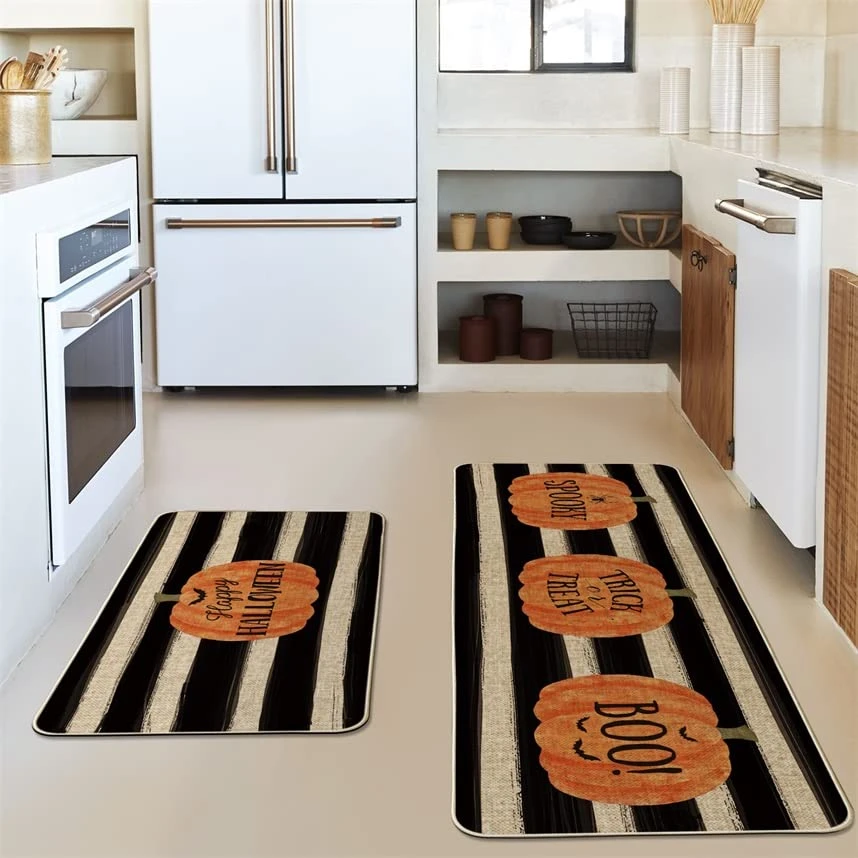 Artoid Mode Watercolor Stripes Pumpkin Decorative Kitchen Mats Set Of 2, Happy Halloween Spooky Trick Or Treat Boo Halloween Holiday Party Low-Profile Floor Mat For Home Kitchen - 17x29 And 17x47 Inch 1 Artoid Mode Watercolor Stripes Pumpkin Decorative Kitchen Mats Set Of 2, Happy Halloween Spooky Trick Or Treat Boo Halloween Holiday Party Low-Profile Floor Mat For Home Kitchen - 17x29 And 17x47 Inch