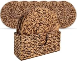 Woven Placemats For Dining Table - Set Of 6 Adorable Thick Rustic Round Kitchen Placemats With Decorative Tall Holder – All Natural Wicker Tablemats Hand-Braided From Water Hyacinth, 13.5 Inch -Generic Furniture Shop 61ZwOui6A L. AC 1