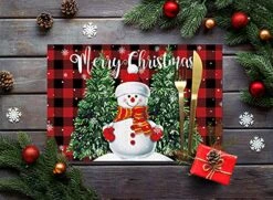 Christmas Snowman Placemats For Dining Table Set Of 6 Merry Christmas Cute Snowman With Xmas Tree Red And Black Buffalo Plaid Cotton Linen Table Mats Non-Slip Washable Placemats For Holiday Parties