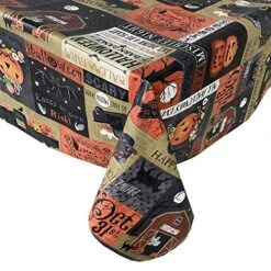 Spooky Farm Country Rustic Halloween Vinyl Flannel Backed Tablecloth - Jack O Lanterns, Ghosts, Farm Trucks, Spooky Barn Print, Easy Care Wipe Clean, 52 In X 70 In Oblong/Rectangle