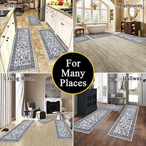 Vaukki Boho Kitchen Rug Sets 3 Pieces, Tribal Washable Kitchen Mats For Floor, Non Slip Soft Kitchen Area Rug Floor Mat For Kitchen, Laundry Room And Hallway (Grey, 20''x32''+20''x47''+20''x59'') 3 Vaukki Boho Kitchen Rug Sets 3 Pieces, Tribal Washable Kitchen Mats For Floor, Non Slip Soft Kitchen Area Rug Floor Mat For Kitchen, Laundry Room And Hallway (Grey, 20''x32''+20''x47''+20''x59'') - Image 3