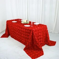 90x132 Red Satin Raised Rosettes Rectangle Tablecloth Wedding Party Dining Room Table Linens