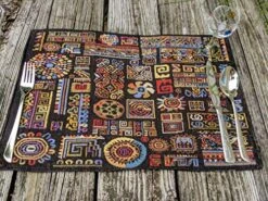 Hemian Ethnic Ornaments Tapestry Placemats - Set Of 4-Pieces Greek Ethnic Calligraphy Geometric Colorful Dark Black Design - Decorative Cotton Woven Kitchen Dining Mats - 13” X 19” -Generic Furniture Shop 61mM9H440eL