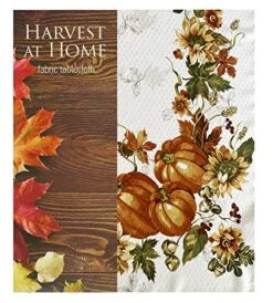 Stockbridge Pumpkin Harvest Bordered Thanksgiving, Autumn Fall Leaf, Sunflower And Acorn Border Print Easy Care Fabric Tablecloth, 60 Inch X 84 Inch Oblong/Rectangle