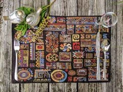 Hemian Ethnic Ornaments Tapestry Placemats - Set Of 4-Pieces Greek Ethnic Calligraphy Geometric Colorful Dark Black Design - Decorative Cotton Woven Kitchen Dining Mats - 13” X 19”