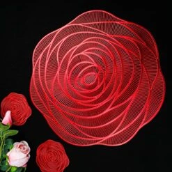 Red Placemats And Coasters Set Of 6 Pressed Metallic Vinyl 15 Inch Rose Round Place Mats Dining Table Mats Dinning Table Centerpiece