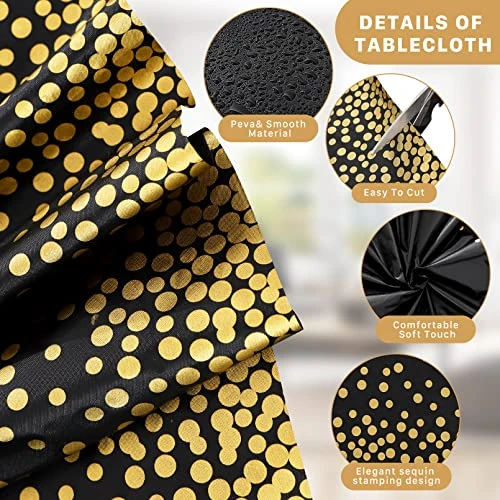 8 Pack Tablecloths And Satin Table Runner,Black And Gold Dot Tablecloth 54 X 108 Inch,Gold Satin Table Runners 11 X 108 Inch,Disposable Plastic Table Cloths For Parties Wedding Birthday Anniversary 2 8 Pack Tablecloths And Satin Table Runner,Black And Gold Dot Tablecloth 54 X 108 Inch,Gold Satin Table Runners 11 X 108 Inch,Disposable Plastic Table Cloths For Parties Wedding Birthday Anniversary - Image 2
