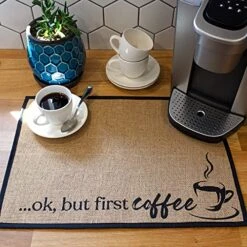 Coffee Bar Mat - Coffee Bar Accessories For Coffee Bar Decor - Coffee Decor For Coffee Station - Ok, But First Coffee Mat - Burlap Placemat With Fabric Backing - 20”x14” -Generic Furniture Shop 61zW8334GwS