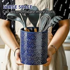 KOOV Kitchen Utensil Holder, Large Utensil Holders For Countertop, 6 X 7 Inches Ceramic Utensil Crock, Deep And Stable, Cooking Utensil Holder, Embossed Pattern (BLue) -Generic Furniture Shop 61zsDVHbSbS